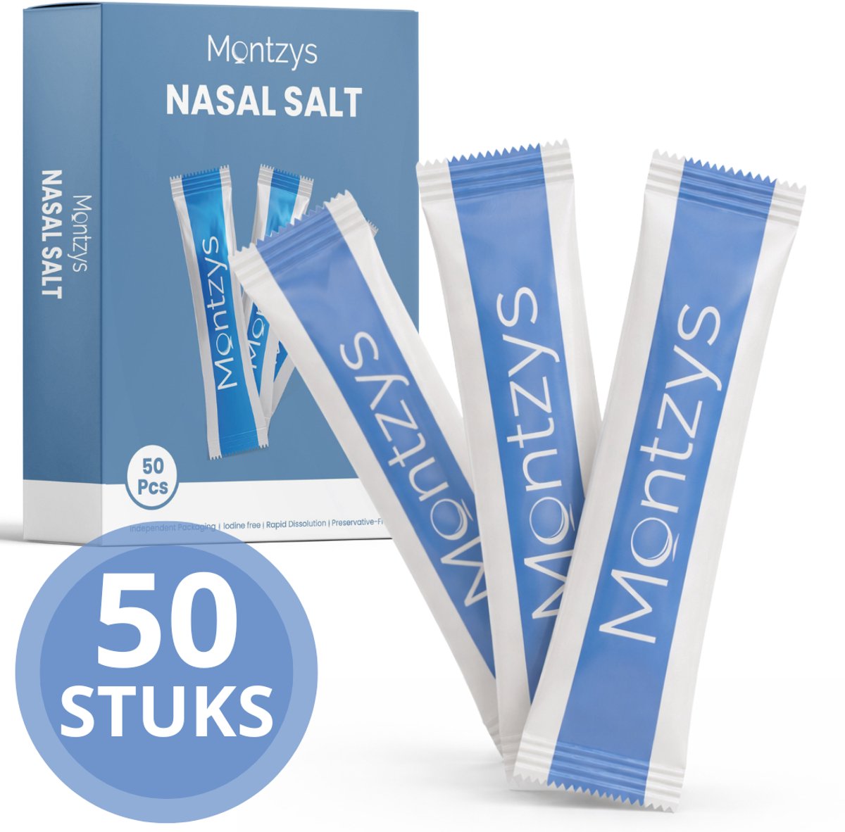 Montzys® Neus Spoelzout Set - 50 Stuks - Geschikt voor Neusreiniger, Neusdouche & Neusspoeler - Neti Pot met Nasaal Zout - voor Kinderen, Baby & Volwassenen