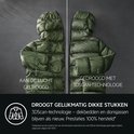 Vergelijking van een groene donzen jas: links luchtdroog, rechts gedroogd met 3DScan-technologie.