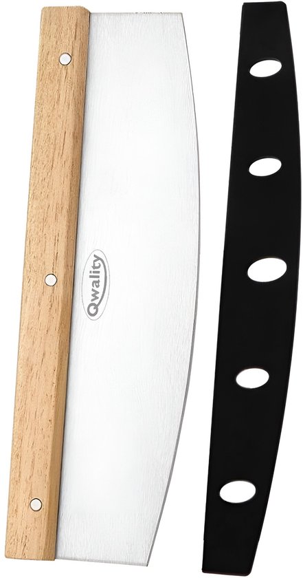 Pizzasnijder – Pizzames - Professionele Pizza snijder - Wiegemes – Cutter – Pizzasnijders – RVS/Hout incl. Beschermer - 30 x 11 cm - Qwality®