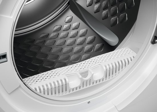 Detailopname van het interieur van een AEG wasdroger, met focus op de pluizenfilter.