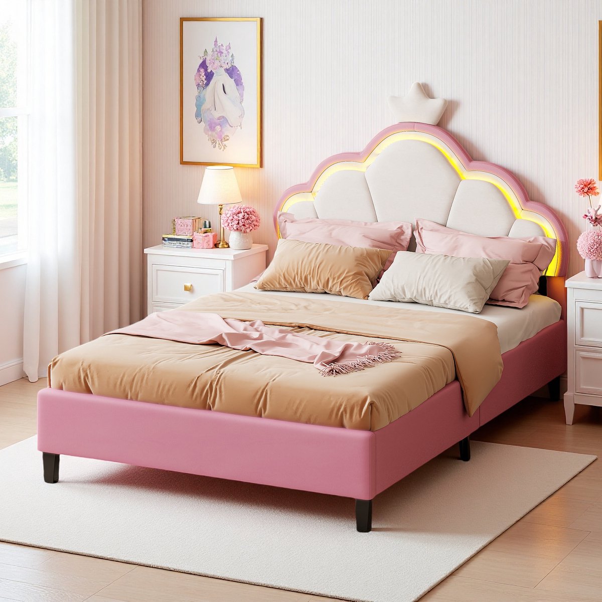 ROSAHQNDA Kids bed 90x200cm, LED Gestoffeerd met verstelbaar hoofdeinde, roze prinsessenbed, tienerbed, fluweel, zonder matras