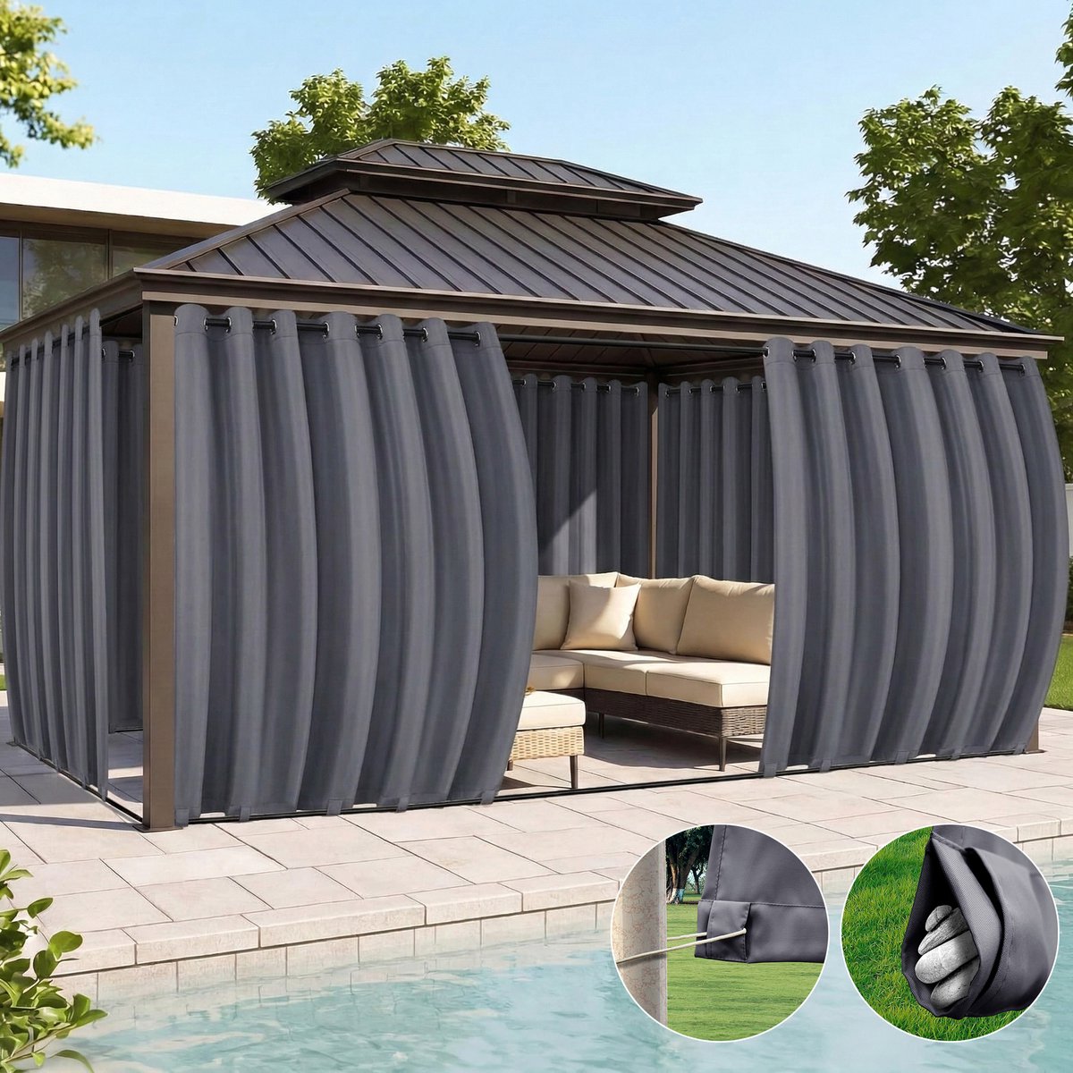 Qelus 2 Stuks Extra Breed Buitengordijnen Winddicht & Waterdicht - Outdoor Gordijn met Oogjes (Boven) en Anti-wind Lussen (Onder) - Weerbestendig voor Pergola - 180x213cm - Donkergrijs
