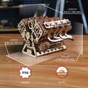 Houten V8 motor model met afmetingen: lengte 150mm, breedte 161mm, hoogte 121mm. 776 onderdelen.