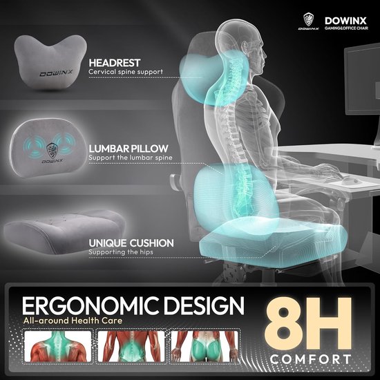 Ergonomische Gamingstoel Stof met Massagefunctie en Voetensteun, Grijs — afbeelding 3