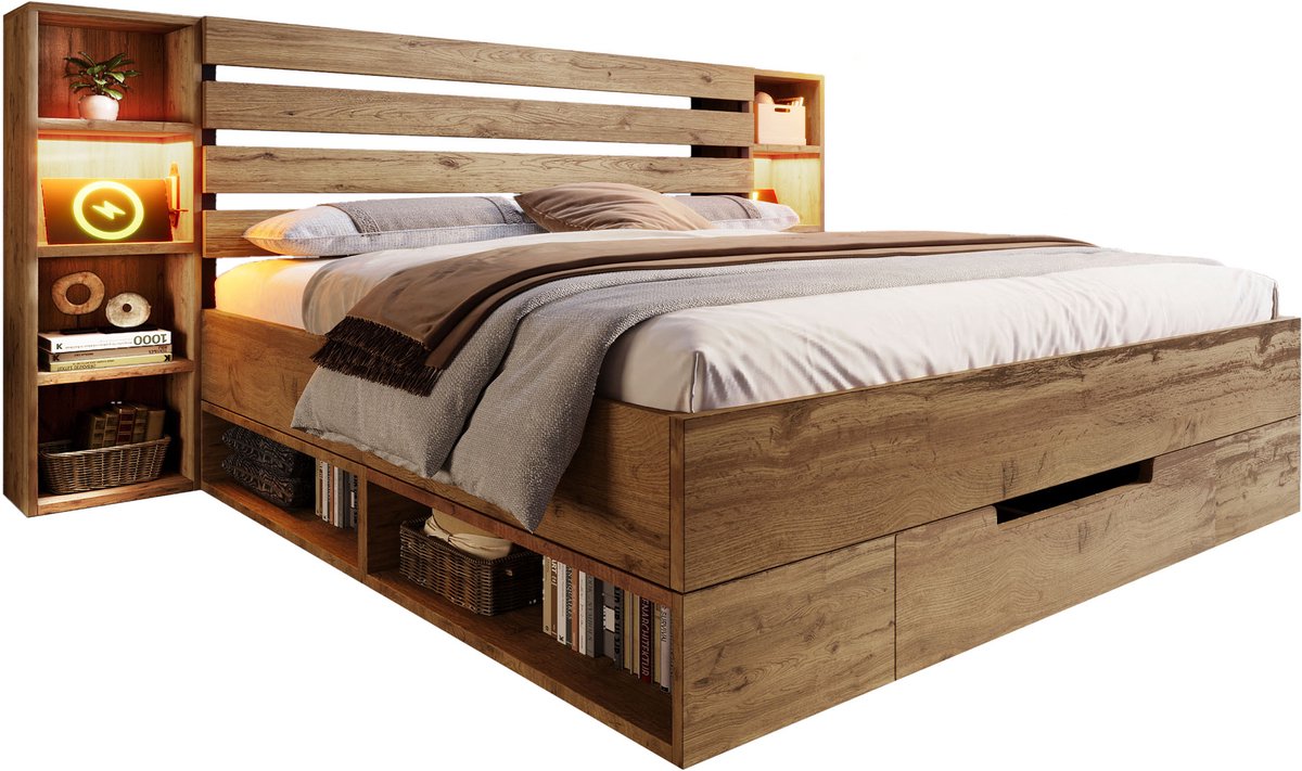Wishdor Tweepersoonsbed 160x200 cm – LED, USB‑C & Opberglades – Matras Inbegrepen – Eikenkleur Hout/Metaal