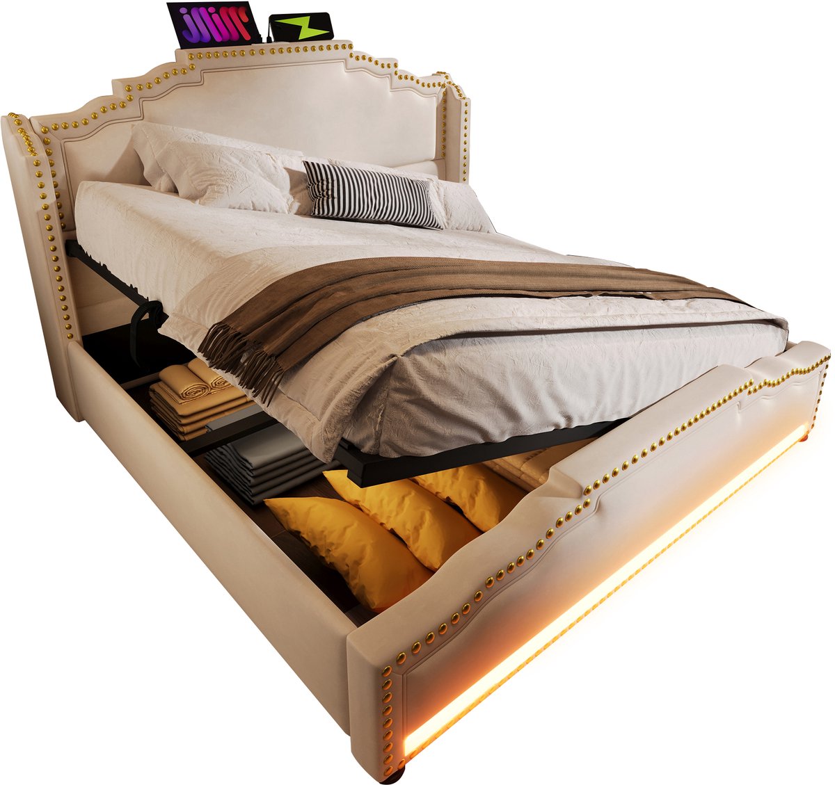 Wishdor - Opbergbed Met Matras - Hydraulisch Met Led En Usb-C - Vintage - Fluweel - Beige - 140 X 200 Cm