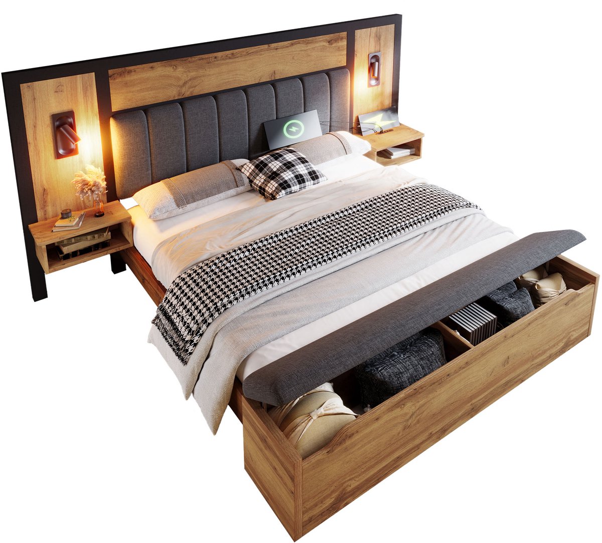 Wishdor – Tweepersoonsbed 160x200 cm – Geïntegreerde Nachtkastjes, USB-C & LED Leeslampen 