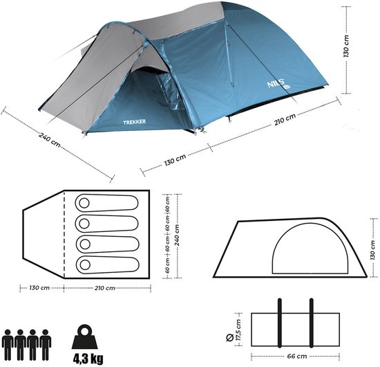 Nils Camp Trekker - Blauw-Grijskampeertent - 4 Personen - Waterdicht van Merkloos — afbeelding 5