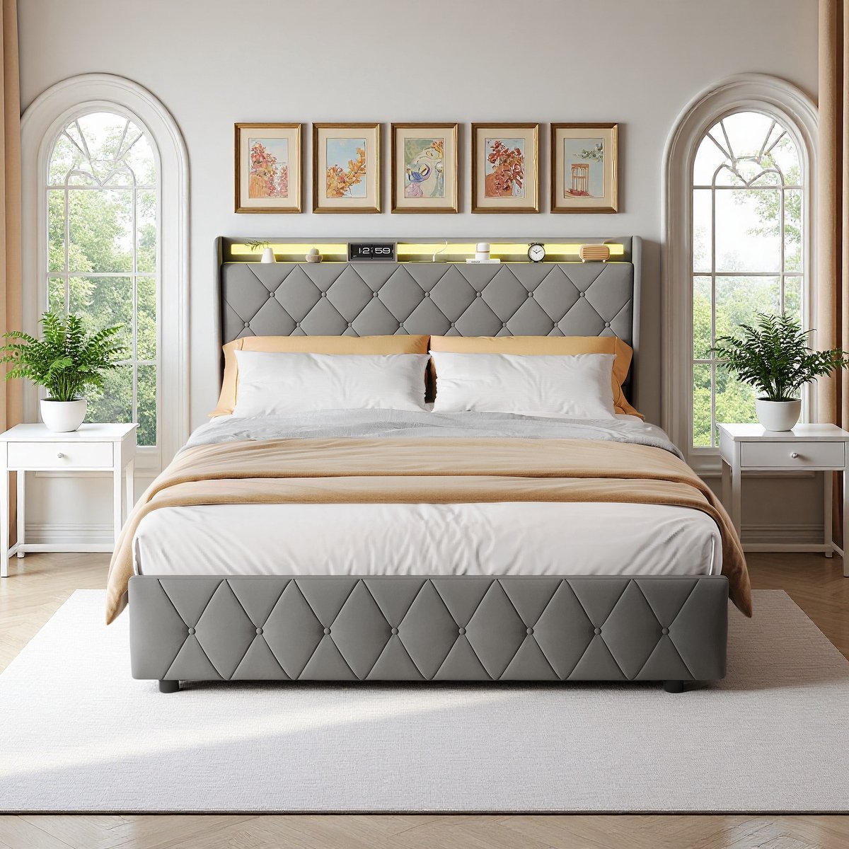 Gestoffeerd bed 140 x 200 cm, Opbergbed met 4 lades, Tweepersoonsbed met led- en usb-aansluiting, Continentaal bed, Grijze flanellen bekleding