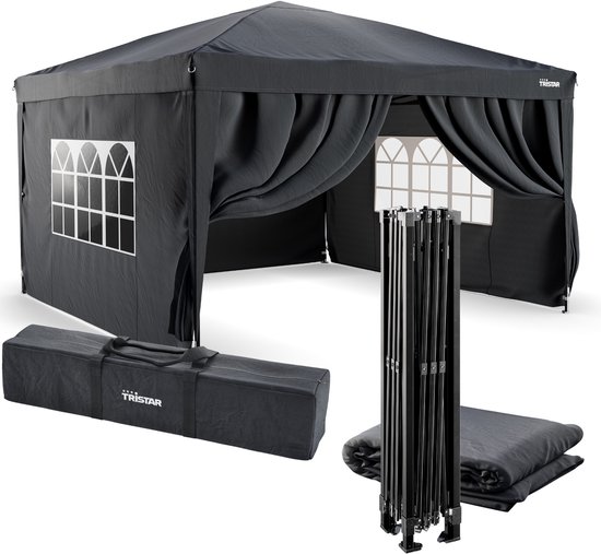 Grijze partytent met ramen, inclusief opbergtas en inklapbaar frame.