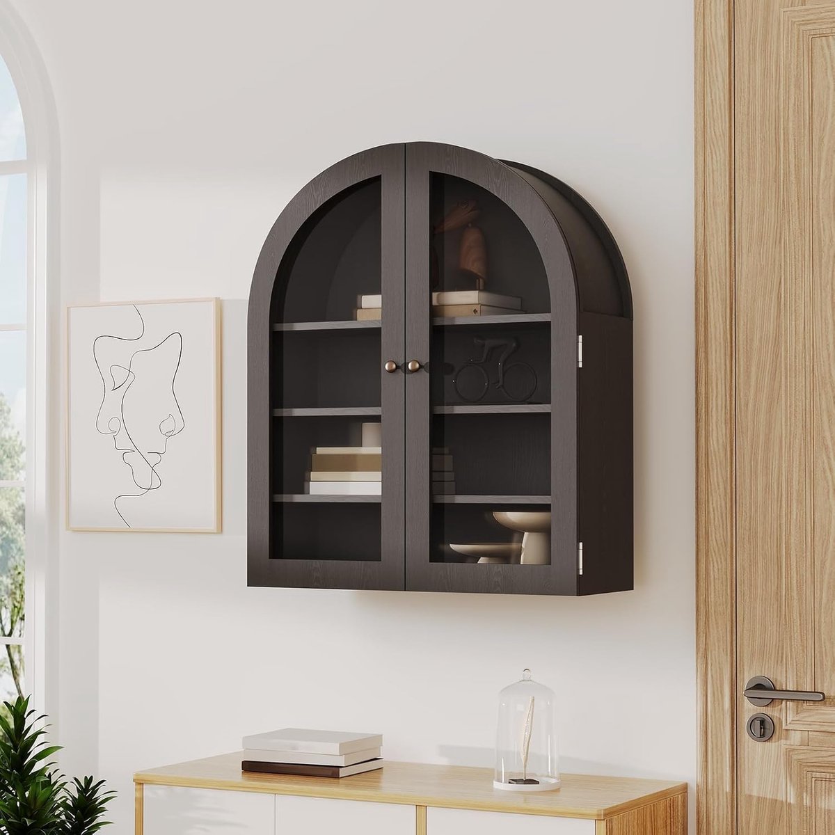 Compacte Wandkast met Boogdesign en Acryl Deuren - Hangende Opbergkast met 4 Niveaus - Voor Badkamer, Keuken & Toilet - Zwart