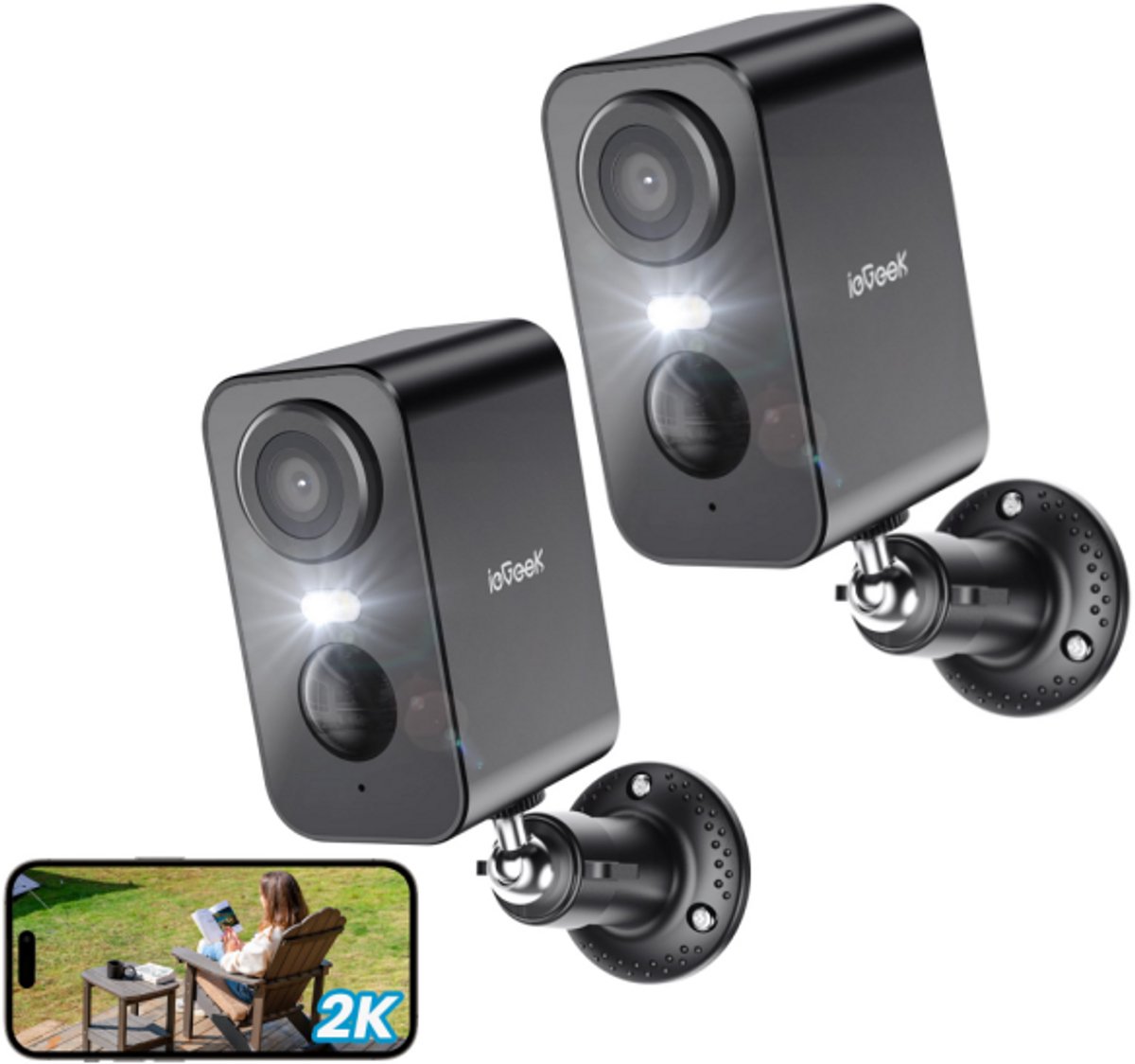 ieGeek Beveiligingscamera Draadloos Buiten – 2K Ultra HD - Camerabewaking - Bewakingscamera Voor Buiten - Buitencamera - Buiten Camera Met Nachtzicht - Oplaadbaar - Met WiFi en APP - Zwart - 2 Stuks