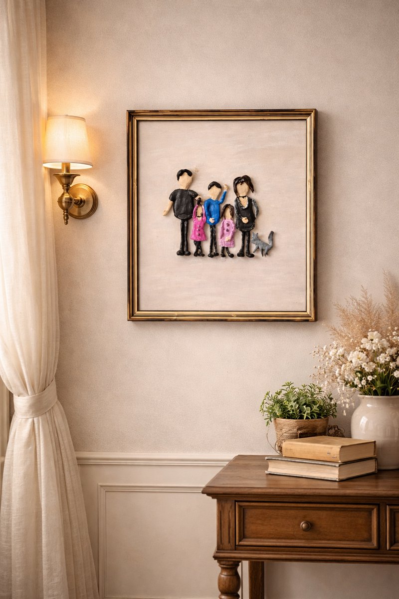 Handgemaakt 3D Klei Familie Schilderij met Hond – Wanddecoratie – 40x50 cm