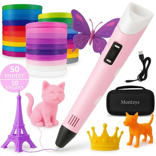 Roze 3D pen met toebehoren: stapels gekleurd filament, vlinder, Eiffel toren, kat, hond en kroon.