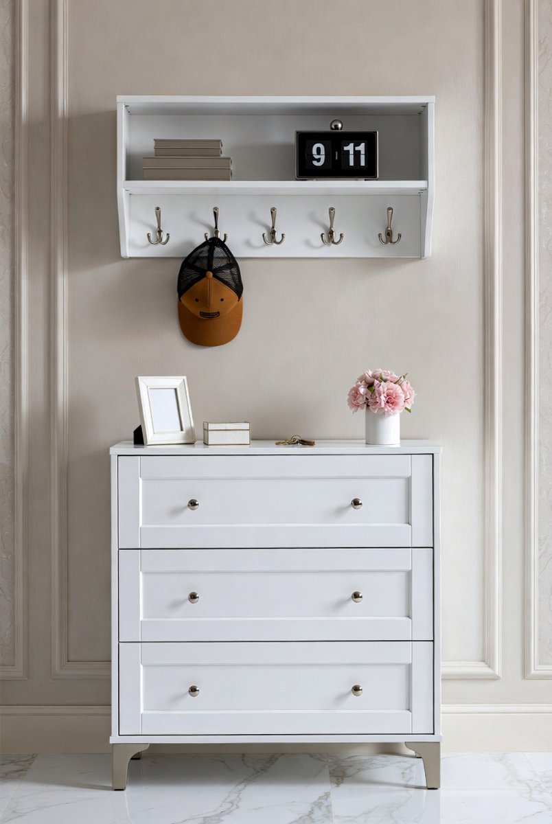 Smalle Schoenenkast met 3 Kleppen en Kapstok 25x60x130 cm – Wit – Verstelbare Vakken voor 14-18 Paar – Ruimtebesparend Schoenenrek voor Hal en Entree | House&Garden