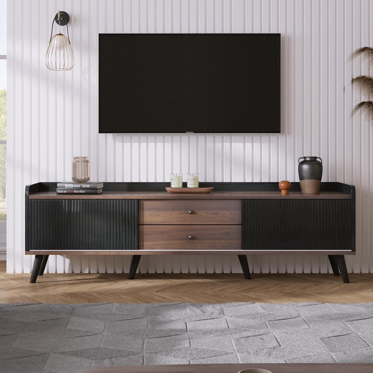 TV-lowboard met laden en schuifdeuren - 160 cm - zwart met houtnerf