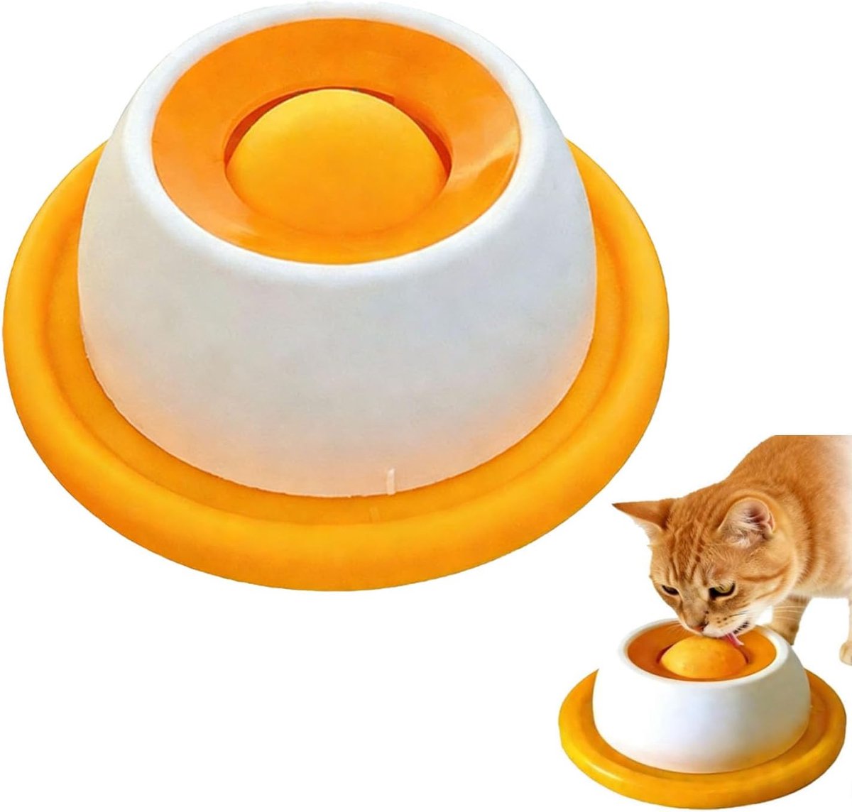 Gele slow-feeding likschaal voor katten | Roterend speelgoed, anti-mors en antislip, geschikt voor yoghurt/kattensticks/bouillon, vermindert angst bij katten en stimuleert de waterinname