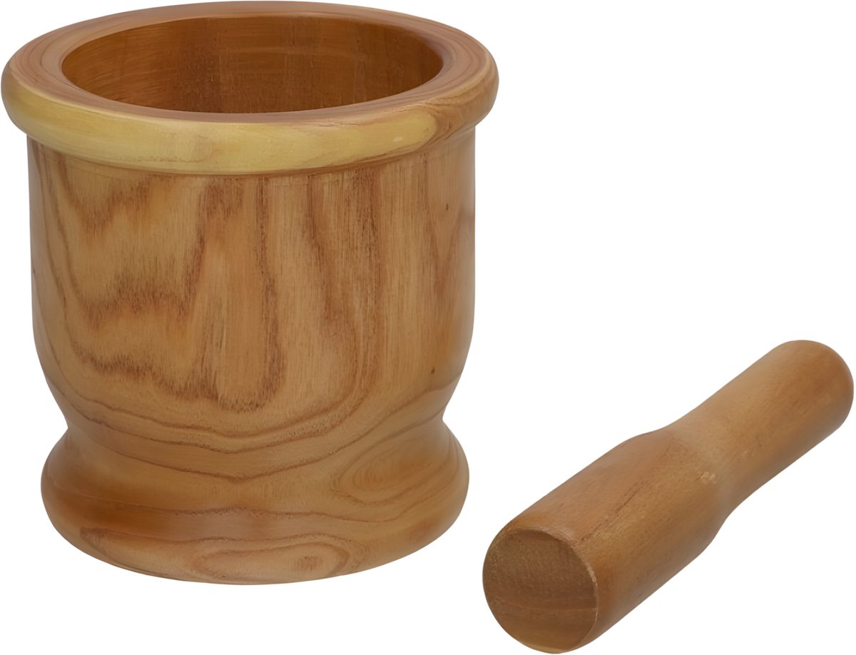 Gerimport Vijzel met stamper - hout - 15 x 14 cm - keuken - koken - fijnmalen