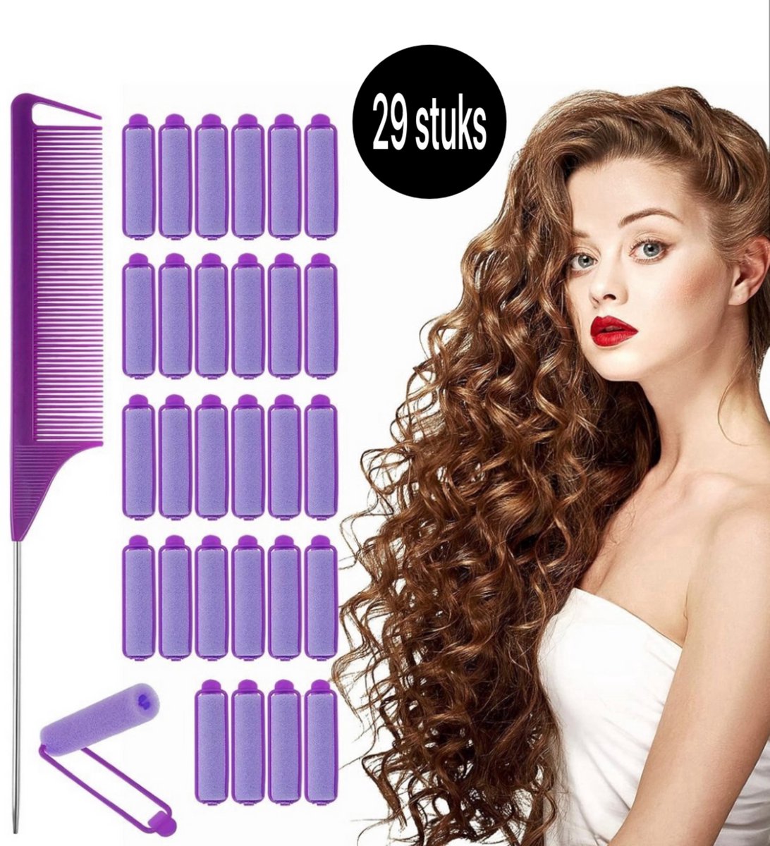 Twenty Two 29 stuks schuimspons haarrollers set (paars) voor alle haartypes - met puntkam, mooie krullen maken zonder hitte - met zelfgrip schuimspons krulspelden en bevestigingsklem - foamrollers brengt geen schade aan het haar