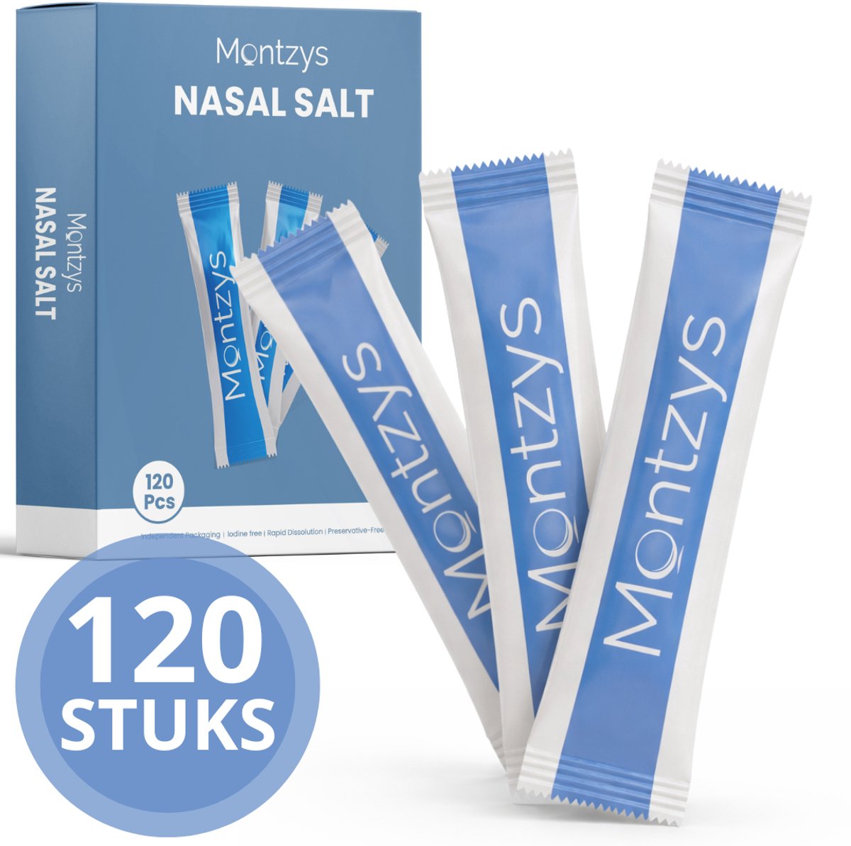 Montzys® Neus Spoelzout Set - 120 Stuks - Geschikt voor Neusreiniger, Neusdouche & Neusspoeler - Neti Pot met Nasaal Zout - voor Kinderen, Baby & Volwassenen