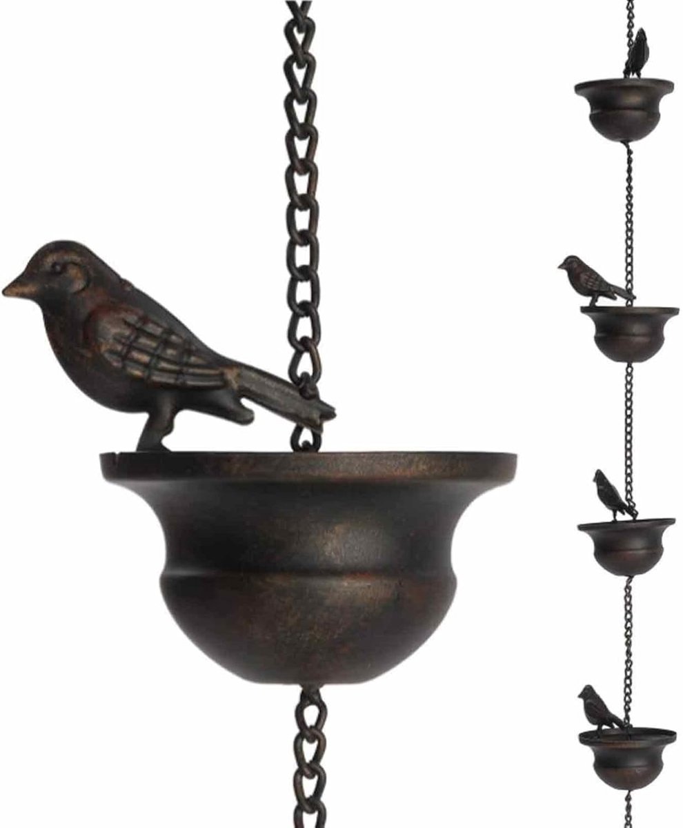 Metalen regenwaterketting met ketting en 8 sierlijke vogels voor dakgootafvoer