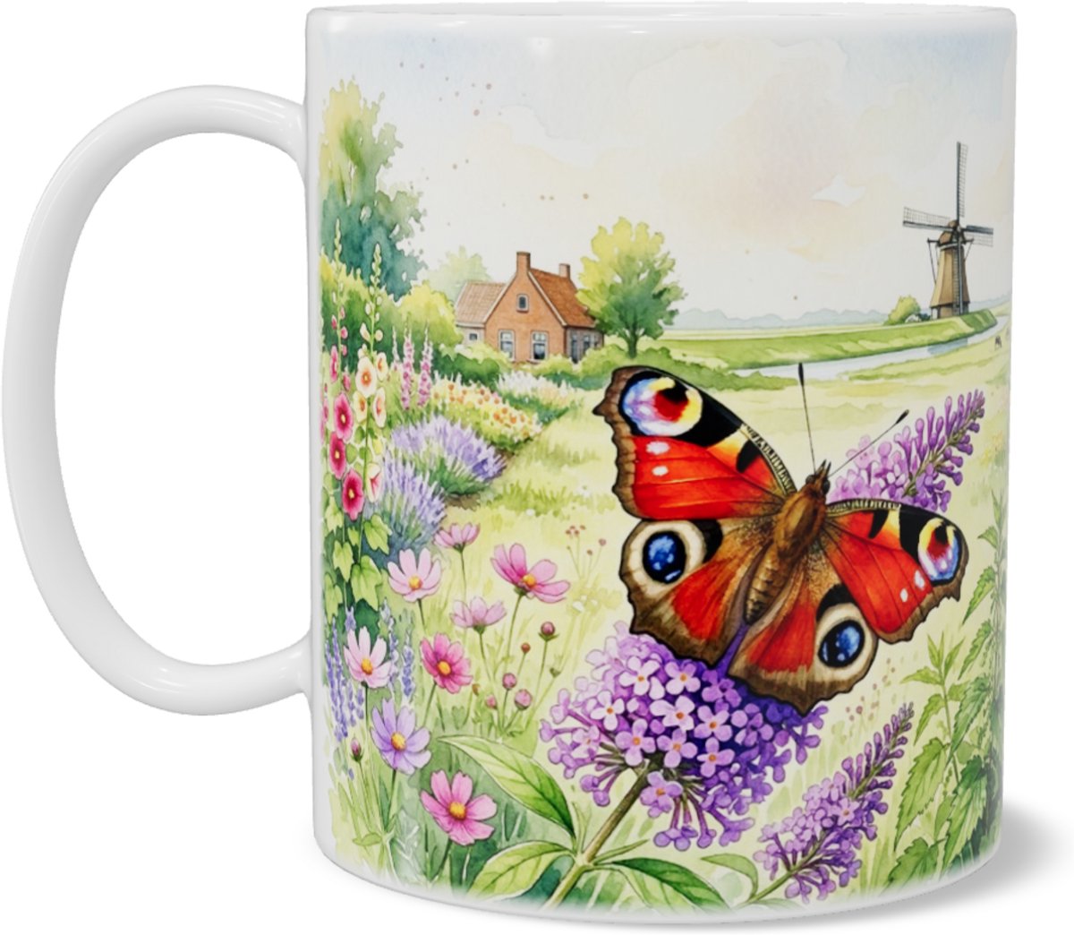 Dagpauwoog Vlinder "Aquarel Series" Mok - Kleurrijke Hollands Landschap Koffiemok met Water & Molen - Unieke Theebeker voor Thuis & op het Kantoor - Cadeau voor haar: Vrouw, Vriendin of Collega