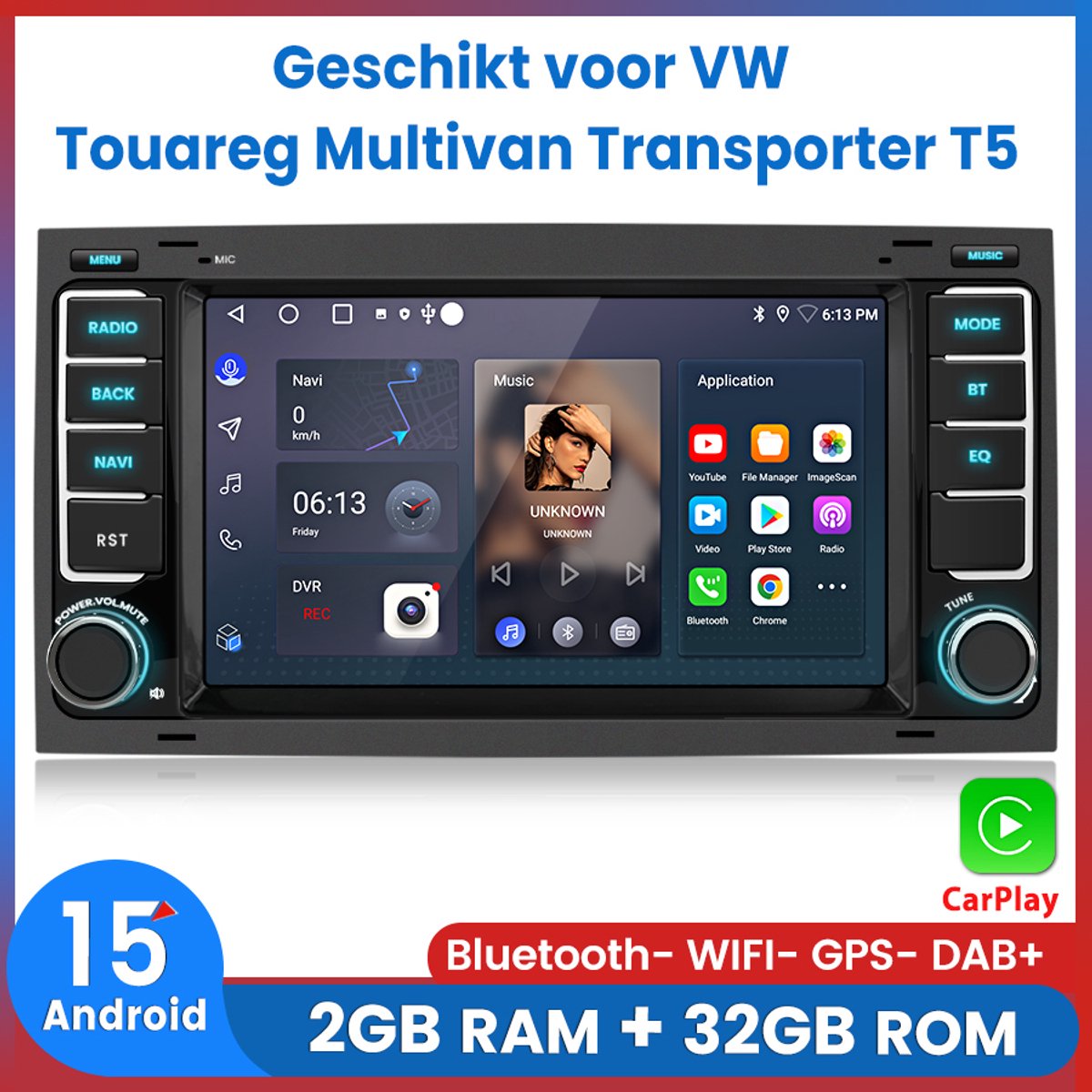 Awesafe Autoradio - Geschikt Voor VW Volkswagen Touareg 2002 t/m 2011 Multivan Transporter T5 - Draadloos CarPlay Android Auto - Android 15.0 Systeem - Autoradio met navigatie GPS - Radio Scherm - Bluetooth Wifi RDS DSP