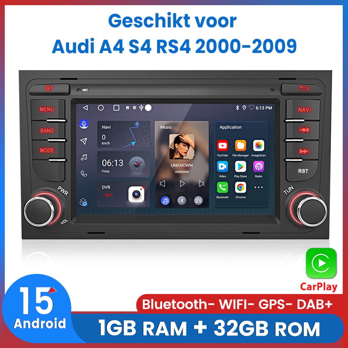 Awesafe Autoradio - Geschikt Voor Audi A4/RS4/S4 2000 t/m 2009 - 2 DIN Autoradio - Android 15.0 - Draadloze Carplay & Android auto - Met navigatie GPS - Bluetooth WIFI - Radio Scherm - 2000 2001 2002 2003 2004 2005 2006 2007 2008 2009