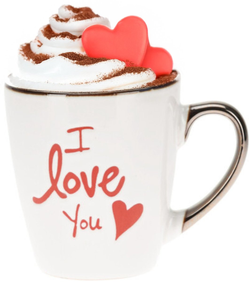 Siaki Koffiemok / theemok I Love You - wit/goud - 300 ml - mokken - aardewerk - valentijnsdag - tas - cadeaumok