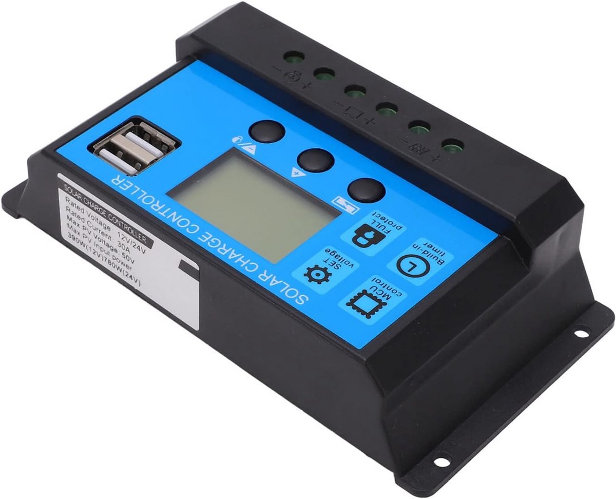 Zonne Laadregelaar - MPPT Controller - Batterij Laden - Dubbele USB Uitgang - 30A - Zwart