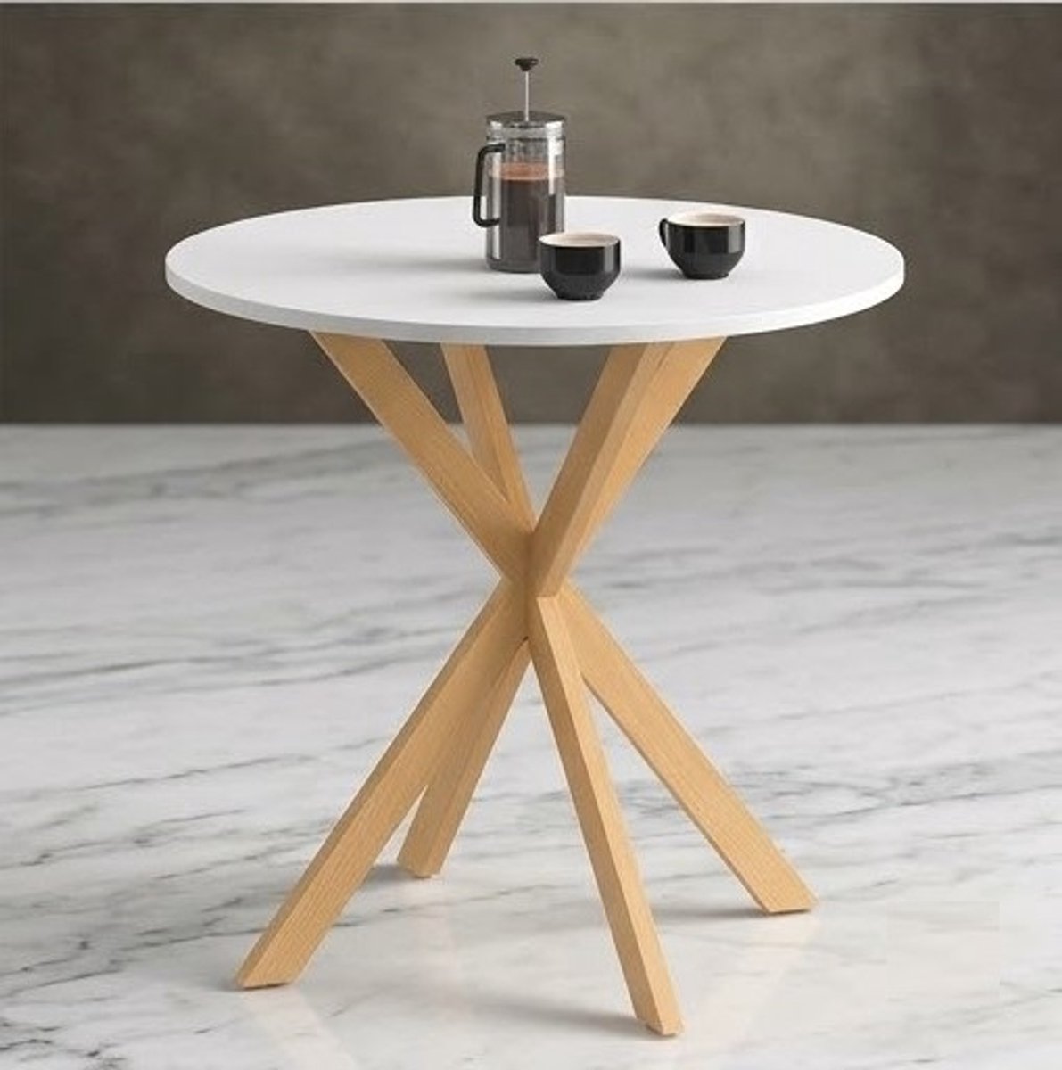 Ronde eettafel 80 cm Wit & Hout - Scandinavische eettafel met spinpoot - Compacte eettafel voor 2-4 personen - Modern design - Casa Serena – 80 cm – Casa Dorada