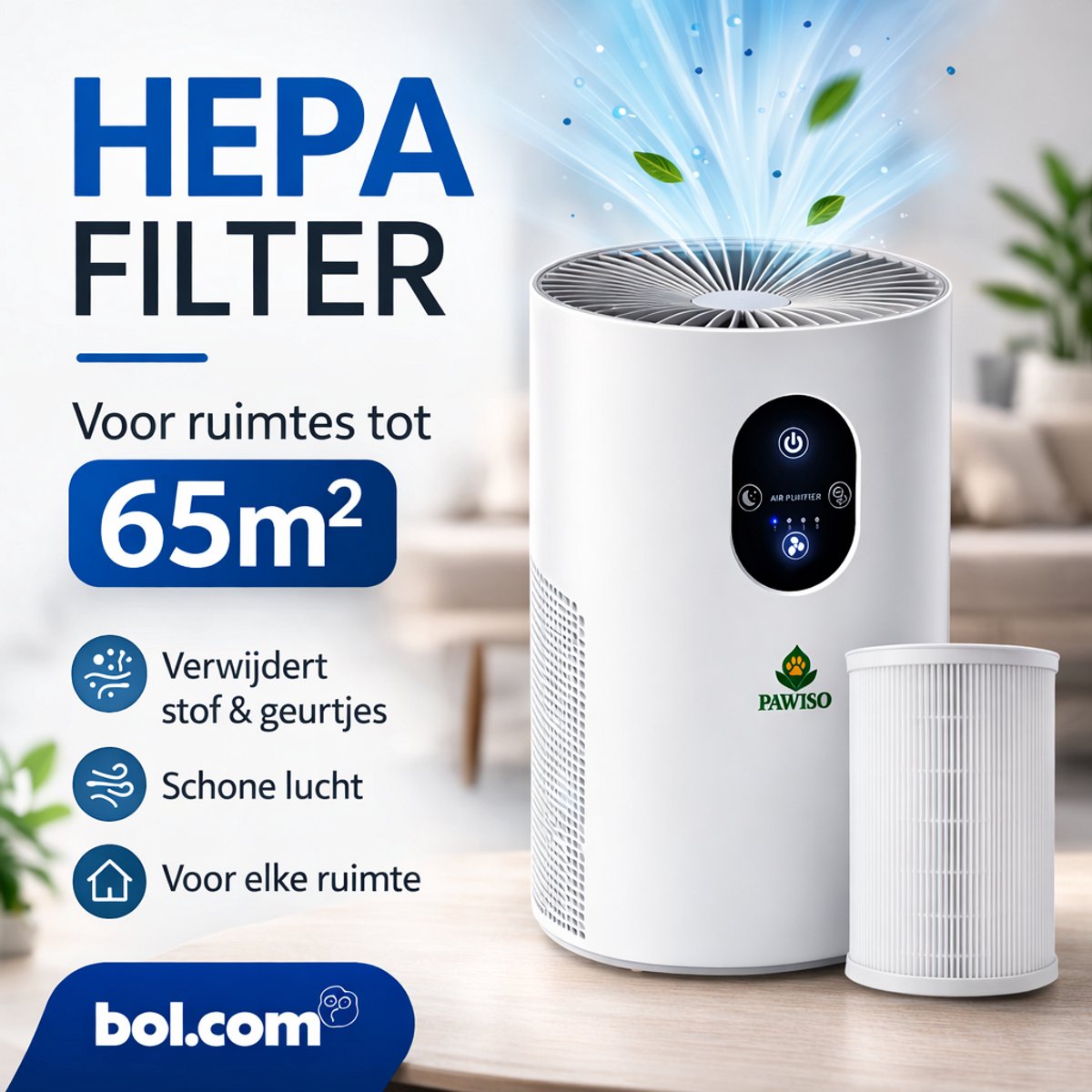 Pawiso Air Purifier / Luchtreiniger - Wit - 65 m² - HEPA + Koolstoffilter — afbeelding 4