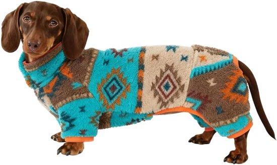 Dachshund in een fleece trui met aztec patroon in blauw, beige, bruin en oranje met oranje bies.