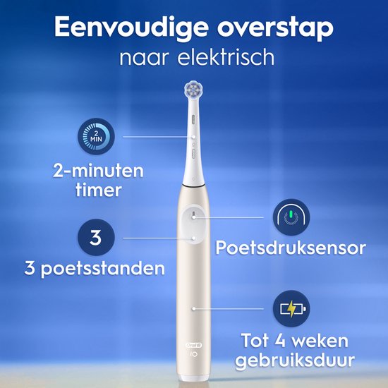 Beige Oral-B iO elektrische tandenborstel met functies: timer, poetsstanden, druksensor, batterijduur.