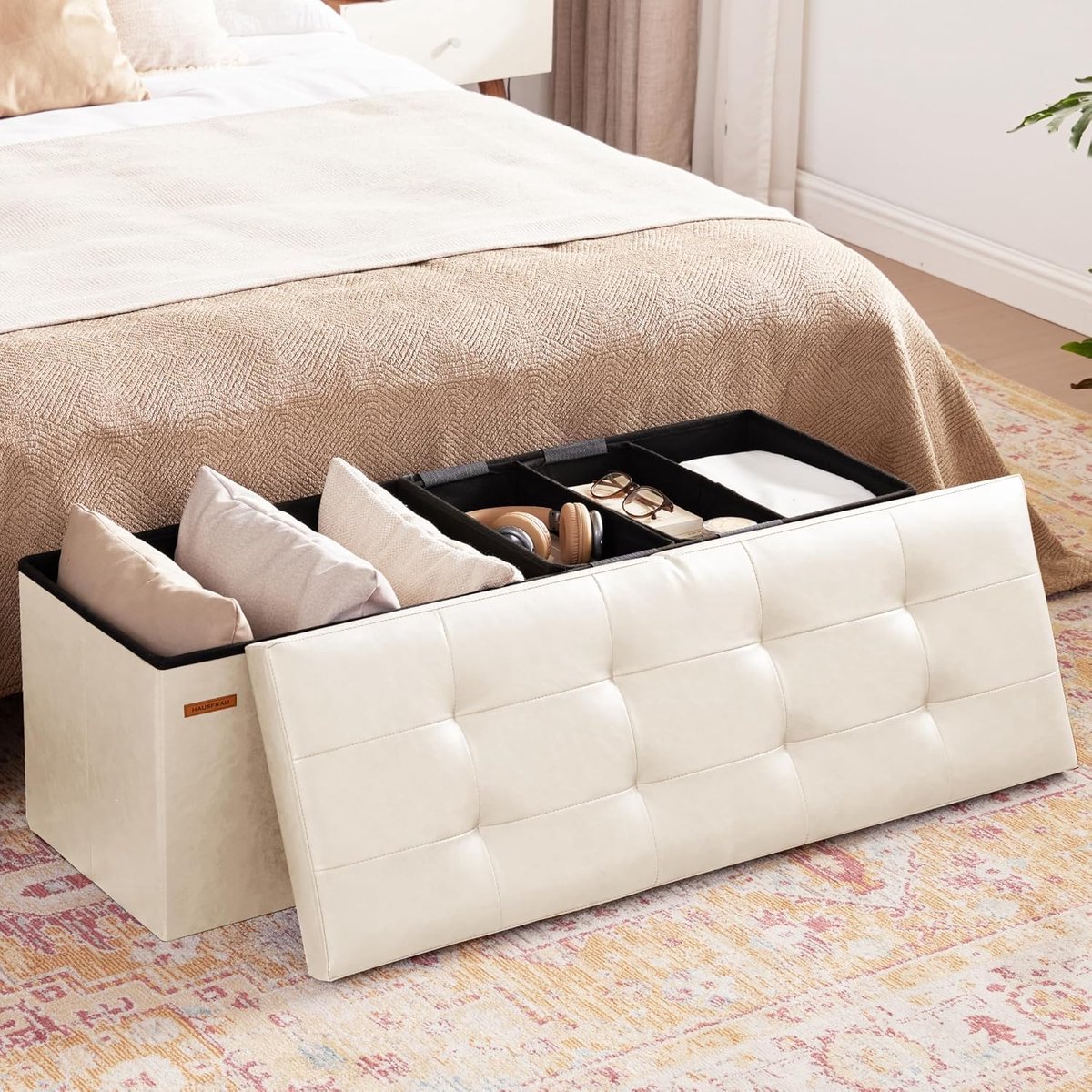 Grote Opbergpoef met Zitruimte - Klapbare Voetenbank - Bankje voor Woonkamer of Slaapkamer - 110 cm - Luxe Kunstleer Crèmekleurig
