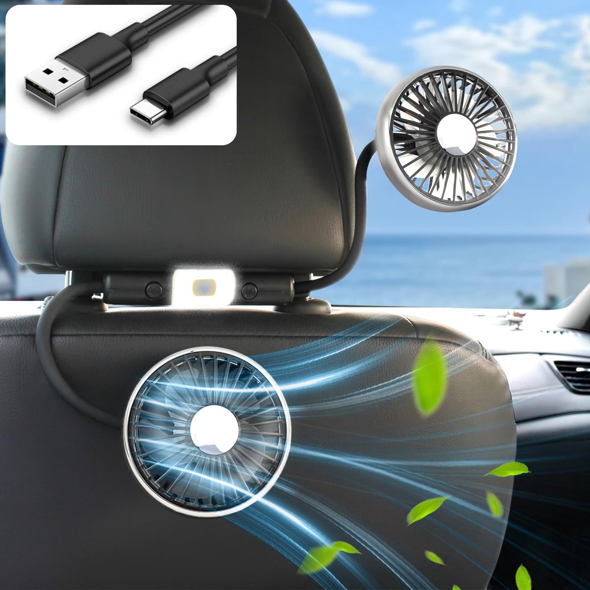 longziming-Auto ventilator - Auto koeler - Slangkoelventilator - 1 stuk - Flexibele slang - 2-in-1 ventilator & verlichting - 2 helderheidsniveaus - Stille motor - USB-gevoed - Universele bevestiging - Voor achterbank, kinderen en roadtrips