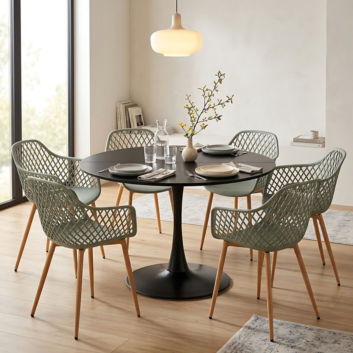 EGGREE eettafel en stoelen set - tafel met een diameter van 100 cm en 6 grijsachtig groen stoelen - geschikt voor bar - kookeiland - café en eetkamer. Zwart-R6GG