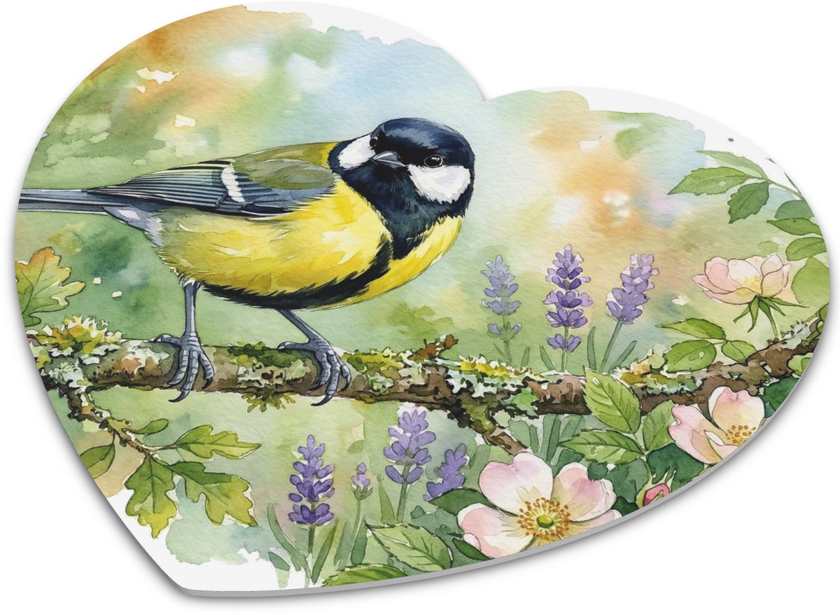 Hartvormige "Aquarel Series" Muismat Koolmeesje Tussen de Bloesem - Bureaumat met Bekende Hollandse Tuinvogel Waterverf Illustratie voor Werkplek & Kantoor - Speciaal Cadeau voor haar: Vrouw,Vriendin & Collega - Kleurrijk Vogel Design