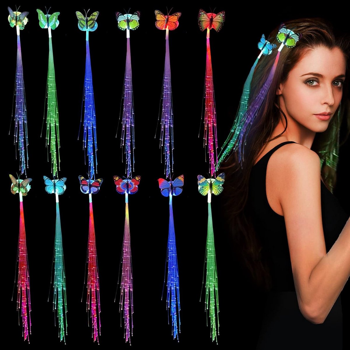 12 Stuks LED Knipperende Vlinder Haarclip - Lichtgevende Vezeloptische Vlecht Accessoire