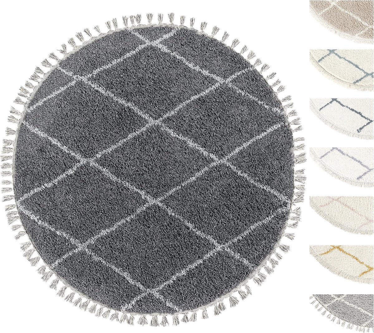 Hoogpolig ronde vloerkleed 155 cm – zacht anthraciet met diamond patroon, geschikt voor vl