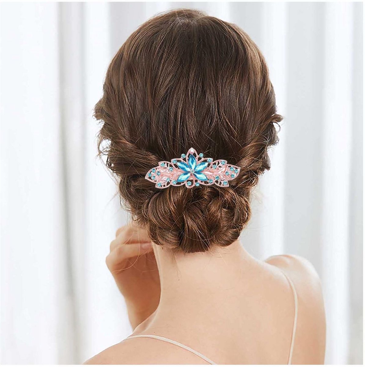 Vintage kristallen haarspeld goud blauw bloem bruid fonkelend
