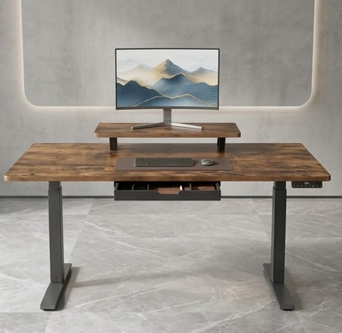 Premium Verselbaar Bureau 140x70 cm - Ergonomisch Zit-Sta Bureau met opladen, USB-C poort, monitorstandaard en Gezondheidsherinnering - Vintage Bruin Casa Serena – Casa Dorada
