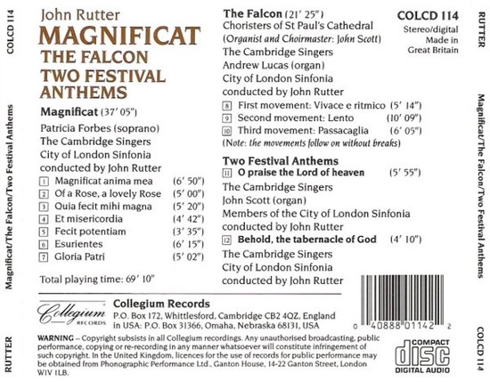 Binnenkant albumhoes met de titel John Rutter Magnificat The Falcon Two Festival Anthems. Details van nummers, artiesten en opnamelocatie. Met barcode.