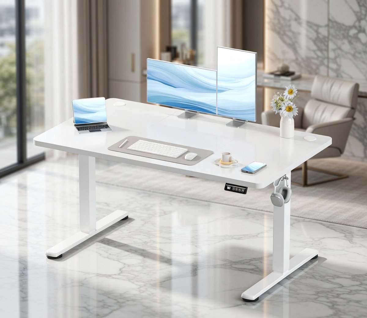 Premium Elektrisch In Hoogte Verstelbaar Bureau - Sta/Zit Bureau van Hout - Modern Wit Computerbord 120x60 cm - Ergonomisch, Stijlvol & Duurzaam - Voor Thuis en Kantoor,Casa Serena