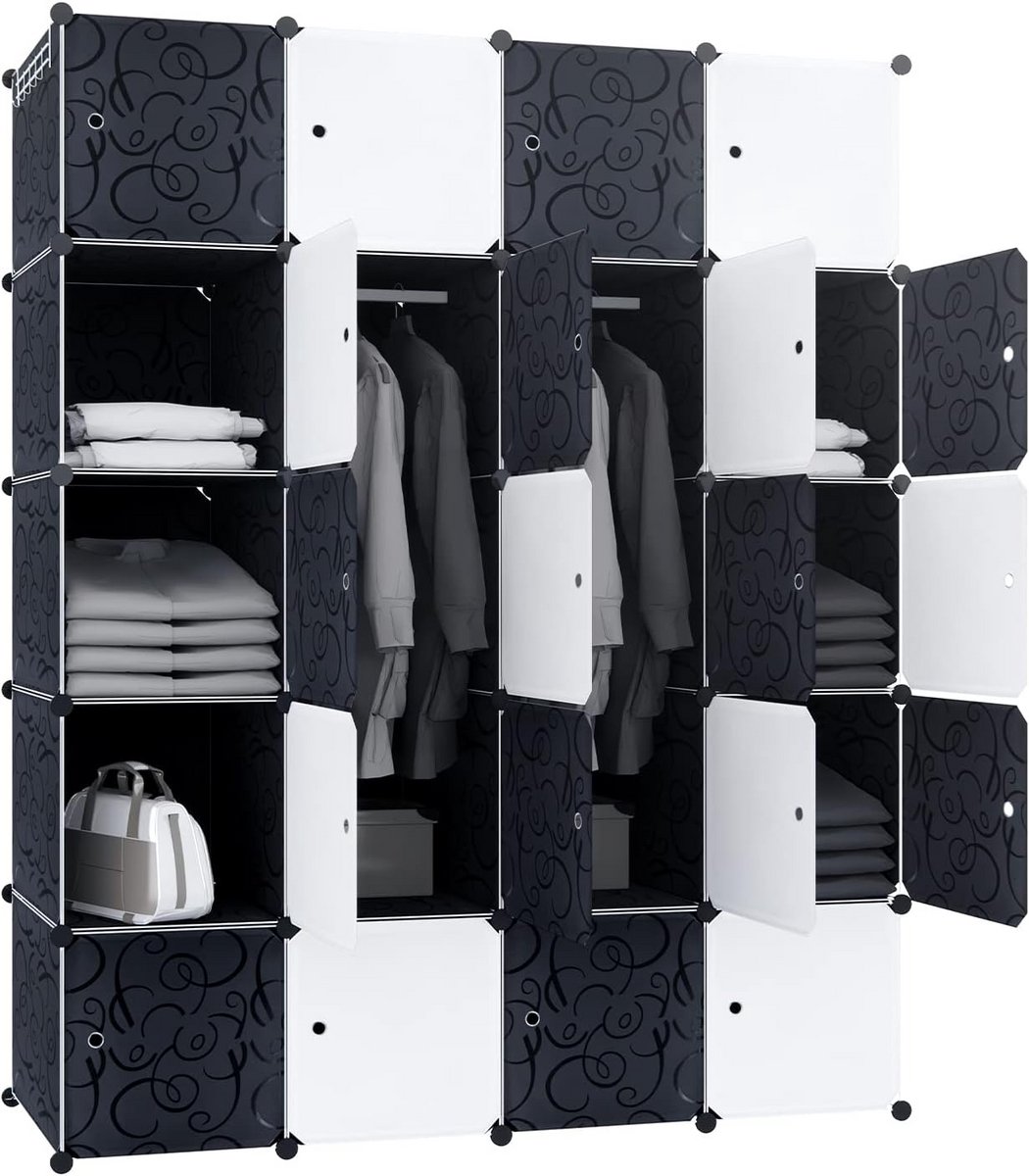 Modulaire garderobekast met 20 kubussen, kledingstang, schoenenrek en boekenplanken, ruimt