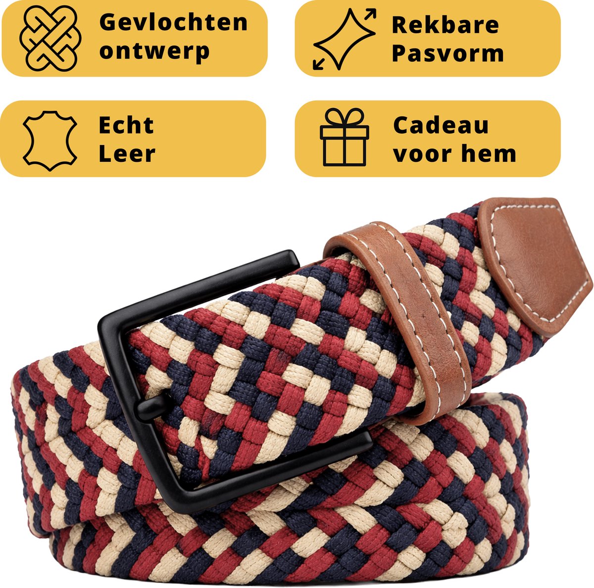 Garzini Elastische Riem Heren - Gevlochten Broekriem Heren zonder gaatjes - Broekriem zonder gaatjes - W31-W33 (91-99 cm) - Beige Rood Blauw