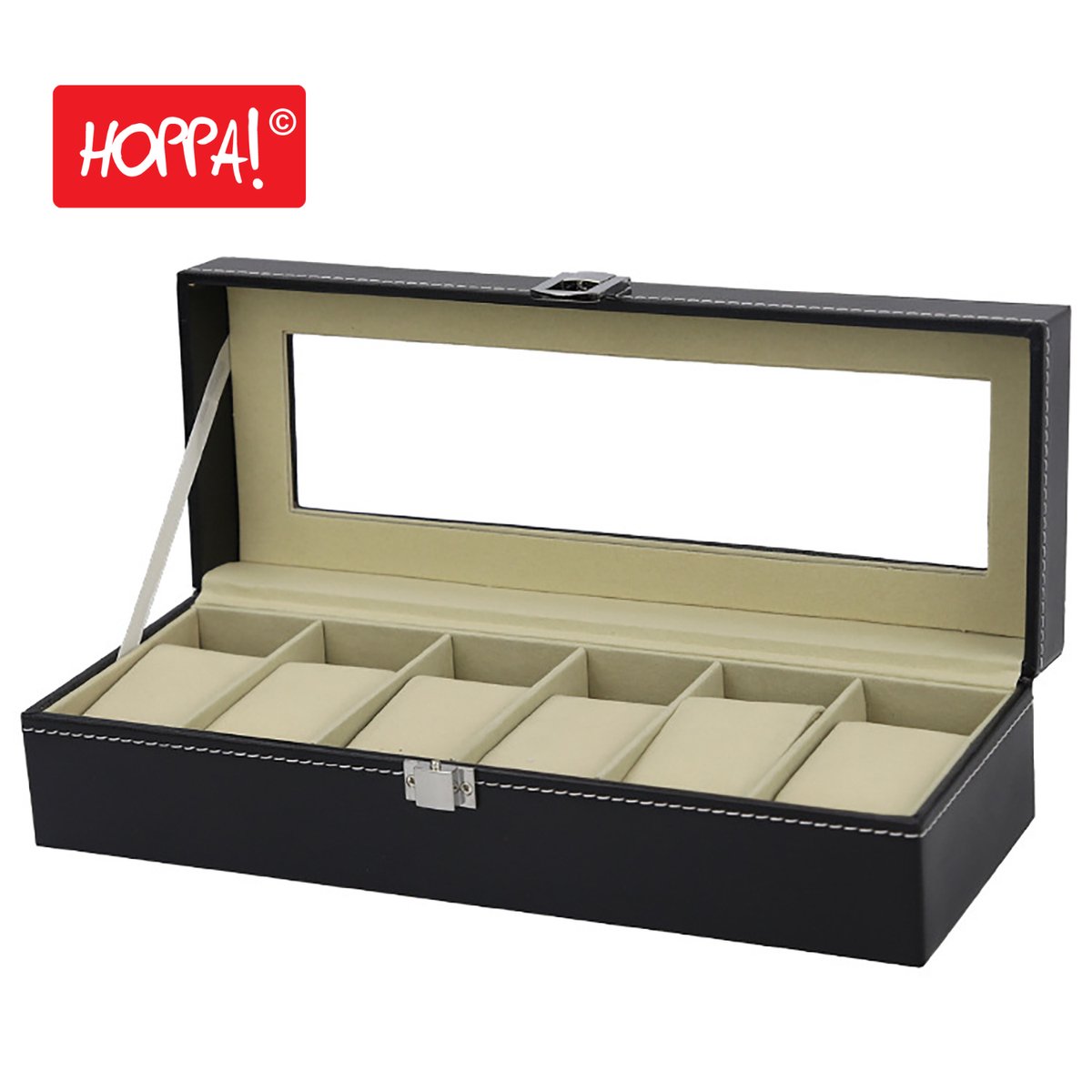 Hoppa! Horlogebox | 6 Sleuven | Glazen Deksel | Fluwelen Horlogekussens | Sluiting | Cadeau-Idee | Zwart Synthetisch Leer | Grijze Voering | 30 x 11 x 8 cm (LxBxH)