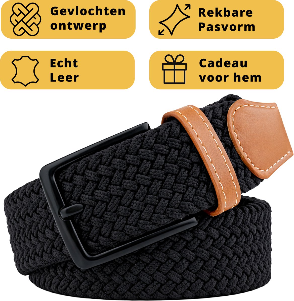 Garzini Elastische Riem Heren - Gevlochten Broekriem Heren zonder gaatjes - Broekriem zonder gaatjes - W31-W33 (91-99 cm) - Zwart