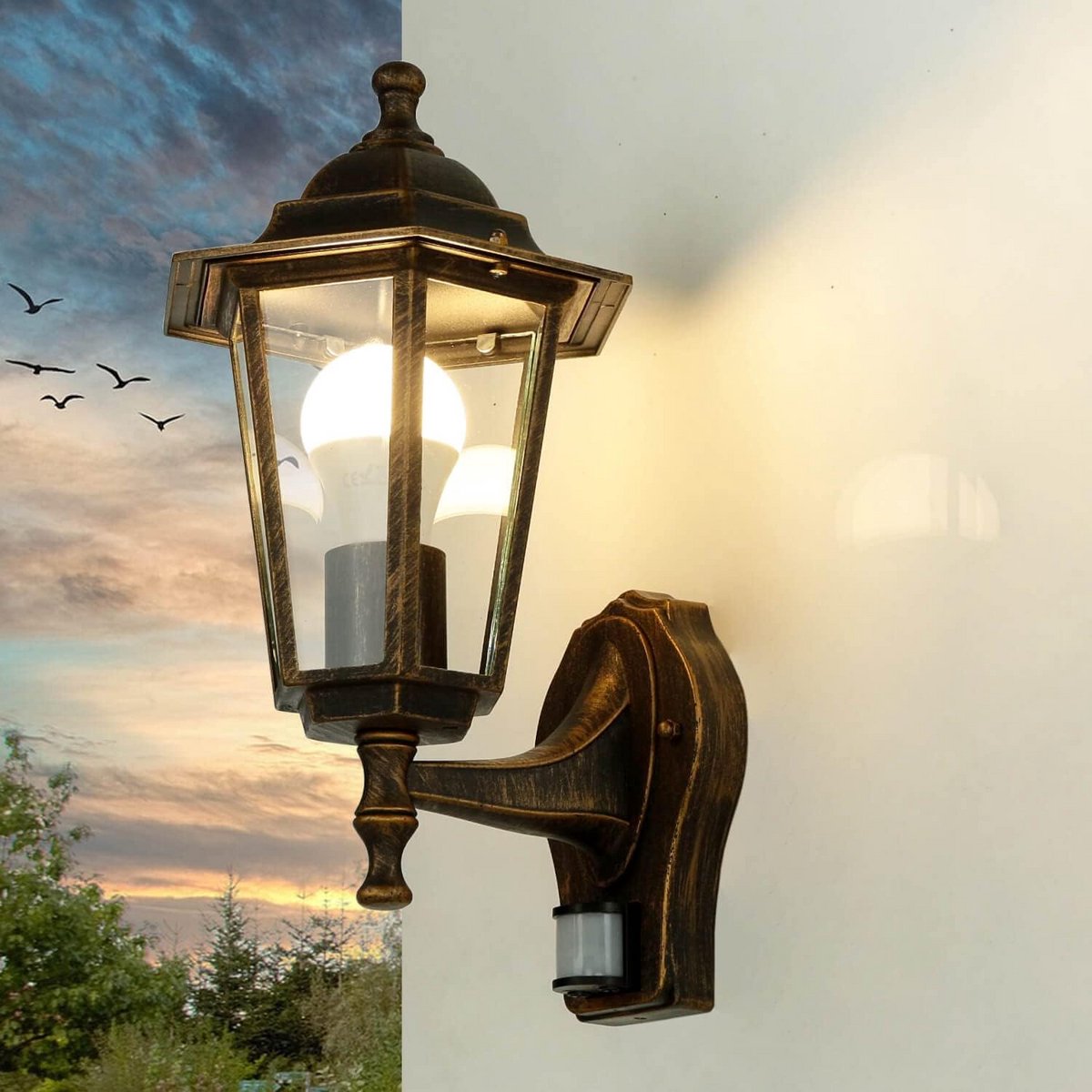 Rustieke Wandlamp met Bewegingsmelder voor Buiten – Antiek Koper – IP44