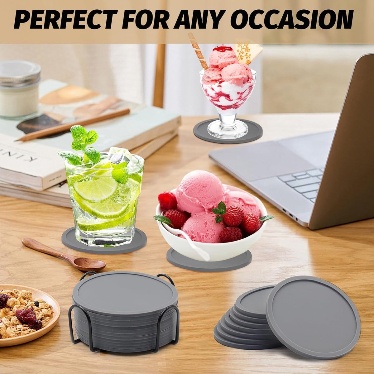 Set van 12 silicone onderzetters - Antislip, geïsoleerd en met houder voor tafel